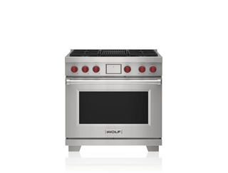 DF36450C/S/P : Wolf 36" Dual Fuel Range - 4 Burners and Infrared Charbroiler, 20" Riser, Black Knobs